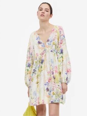 H&M White Mini Dress with Pastel Floral Print